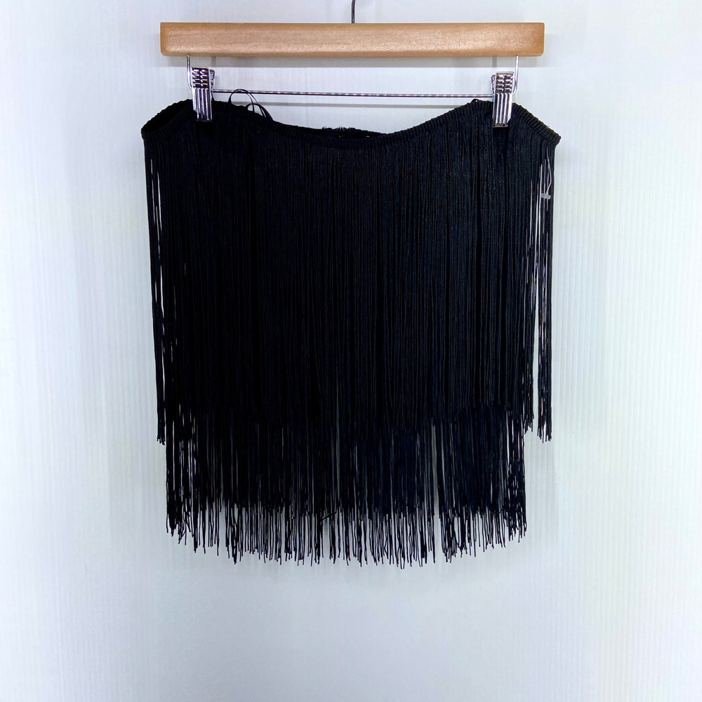 Sincerely Jules Black Fringe Cropped Top Womens Large NEW